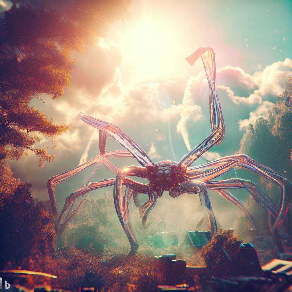 future spider robot made of glass tentacles fighting in forest, surreal clouds, wreckage in foreground, bloom, lens flare 1.jpg